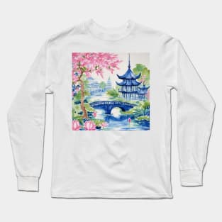 Watercolor chinoiserie landscape with pagodas and cherry blossom Long Sleeve T-Shirt